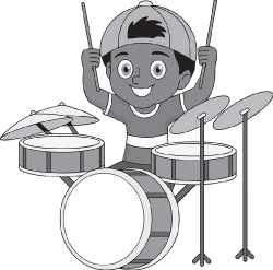 boy musician playing drums gray white clipart