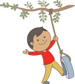boy playing with tire swing on tree clipart
