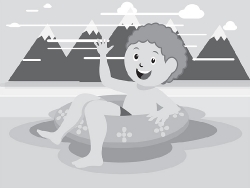 boy sitting inside inner tube on a lake gray clipart