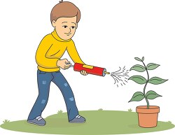 boy spraying pesticides on plant
