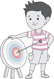 boy standing near target with his perfact shot archery clipart