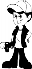 boy standing with his skateboard black white outline clipart