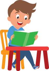 boy student sitting at desk reading book clipart