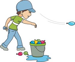 boy throwing water balloon from a bucket