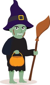 boy wearing like scary witch with broomstick holding trick or tr