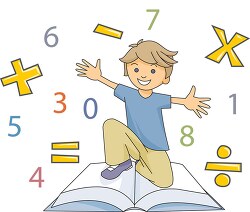 boy with math symbols and book