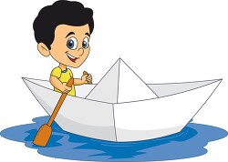boy with paddle riding big paper boat clipart