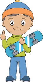 boy with thumbs up holding skateboard