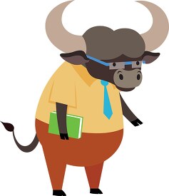 buffalo cartoon character holding book in arm clipart