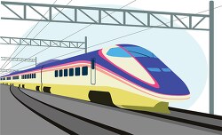 bullet train in blue and yellow color on track train clipart