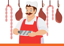 butcher holding knife with meats hanging in background clipart
