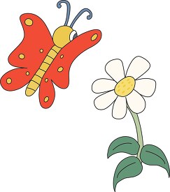 butterfly flying near white flower cartoon style clipart
