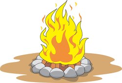 camp fire with flames and rocks around the fire