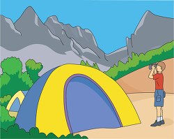 camper using binoculars near tent clipart