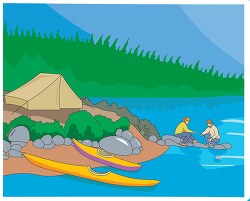 camping near lake with canoes clipart