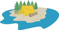 camping with tent sleeping bag near water
