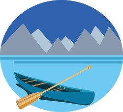 canoe with paddle on blue lake with moutains clipart