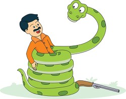 cartoon style anaconda snake catches hunter clipart