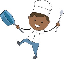 cartoon style chef dancing with frying pan and spoon