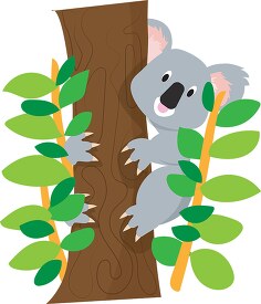 cartoon style koala bear on tree surrounded by leaves