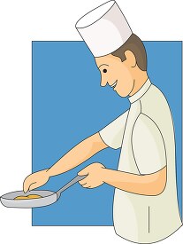 chef wearing hat frys food in pan clipart