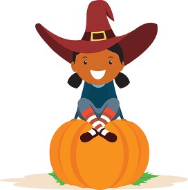 child in costume sitting on big pumpkin halloween clipart