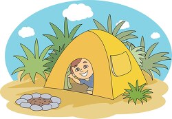child sitting inside tent camping clipart