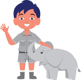 child zoo keeper with baby elephant gray color