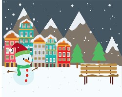 christmas town falling snow with snowman parkbench clipart