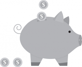coins dropped in savings piggy bank gray color
