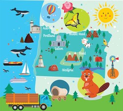 colorful illustrated oregon state map with icons landmarks clipa