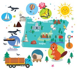 colorful illustrated oregon state map with icons landmarks white