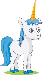 cute cartoon style white unicorn pony with blue mane