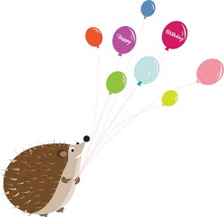 cute hedgehog holding colorful birthday balloons