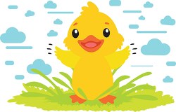 cute little chicken on grass with blue clouds clipart