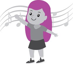 cute little girl dancing musical notes in background gray color