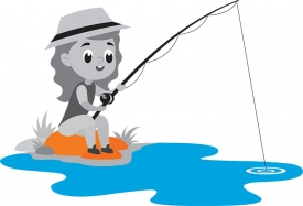 cute little girl fishing in water hole gray color