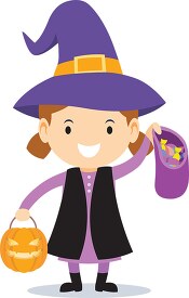 cute little girl wearing halloween costume holding bag of candy 