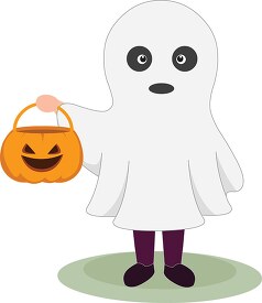 cute little kid in scary costume holding trick or treat pumpkin 