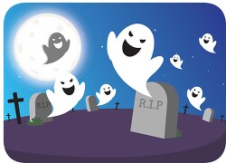 cute looking ghosts emerging from tombstone in graveyard hallowe