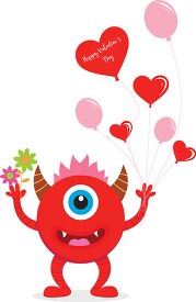 cute red monster holding valentine balloons