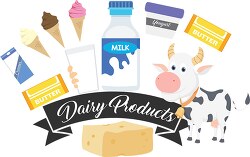 dairy products banner with cow cheese milk butter yougurt ice cr