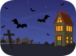 dark scary night background with bats flying tombstone in gravey