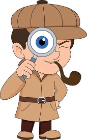 detective with pipe looking into megnifying glass clipart