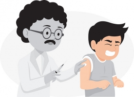 doctor giving frightened boy a shot gray color