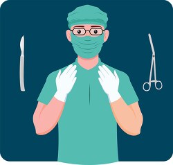 doctor wearing surgery mask gloves with surgery tools clipart