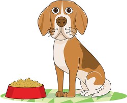 dog sitting near red dog food bowl