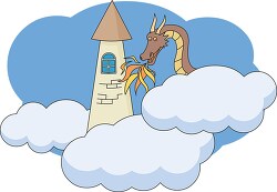 dragon blowing flames on castle in clouds clipart