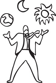 drawing of a man juggling earth moon and sun