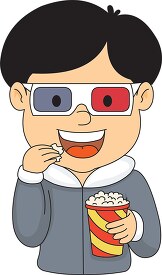 eating popcorns wearing three D glasses while watching movie cli